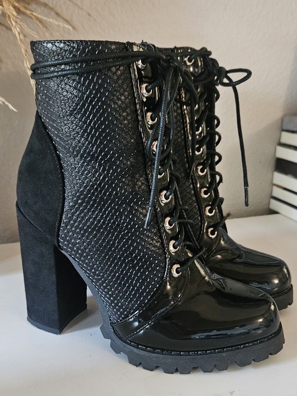 Olivia Fargiano Black Patent & Suede Tie Up Boots